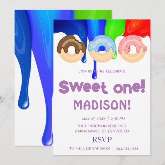 Süße Donuts, Regenbogenfarben, süßer erster Geburt Einladung (Vorne/Hinten)