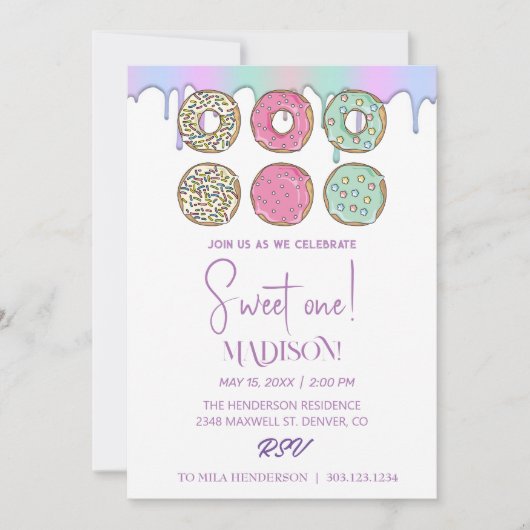 Süße Donuts, Regenbogenfarben, süßer erster Geburt Einladung (Vorderseite)