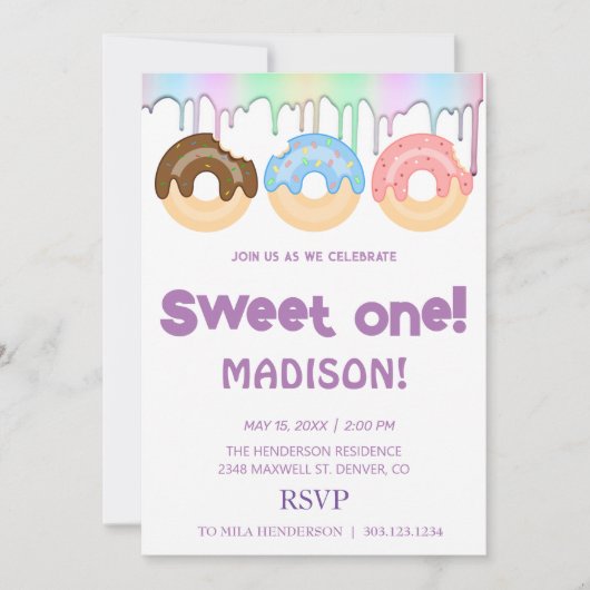 Süße Donuts, Regenbogenfarben, süßer erster Geburt Einladung (Vorderseite)