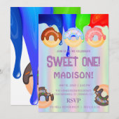 Süße Donuts, Regenbogenfarben, süßer erster Geburt Einladung (Vorne/Hinten)