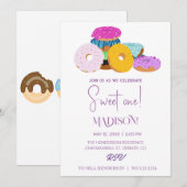 Süße Donuts, Regenbogenfarben, süßer erster Geburt Einladung (Vorne/Hinten)