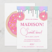 Süße Donuts, Regenbogenfarben, süßer erster Geburt Einladung (Vorne/Hinten)
