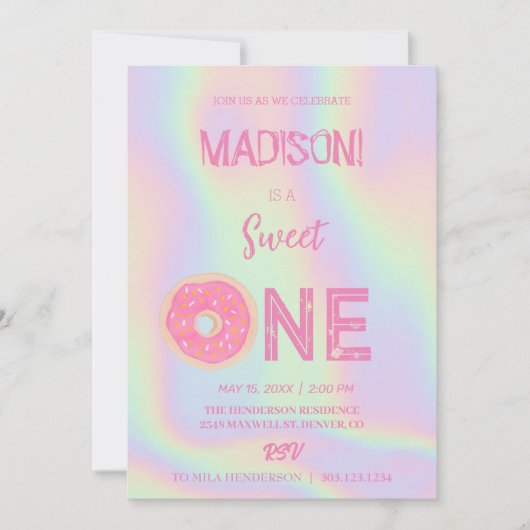 Süße Donuts, Regenbogenfarben, süßer erster Geburt Einladung (Vorderseite)