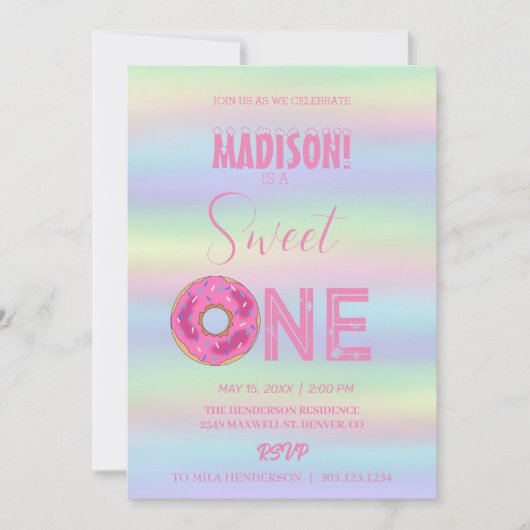 Süße Donuts, Regenbogenfarben, süßer erster Geburt Einladung (Vorderseite)