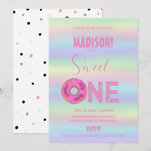 Süße Donuts, Regenbogenfarben, süßer erster Geburt Einladung (Vorne/Hinten)