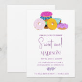 Süße Donuts, Regenbogenfarben, süßer erster Geburt Einladung (Vorne/Hinten)