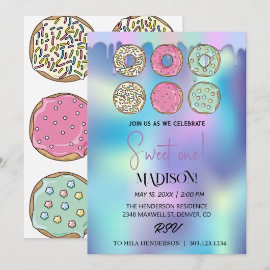 Süße Donuts, Regenbogenfarben, süßer erster Geburt Einladung (Vorne/Hinten)