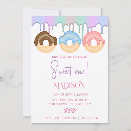 Süße Donuts, Regenbogenfarben, süßer erster Geburt Einladung (Vorderseite)