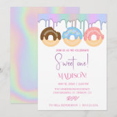 Süße Donuts, Regenbogenfarben, süßer erster Geburt Einladung (Vorne/Hinten)
