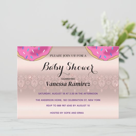 Süße Donuts, Rose Gold Kindergeschenk Einladung (Stehend Vorderseite)