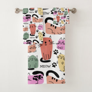 Süße Doodle-Katzen und Pfotenabdrücke Badhandtuch Set