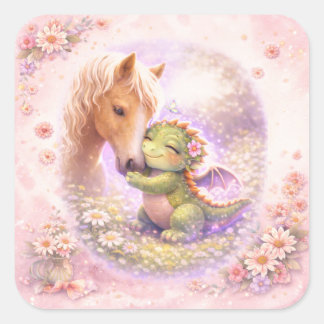Süße Drache- und Pferd-Freundschafts-Grußkarte Quadratischer Aufkleber