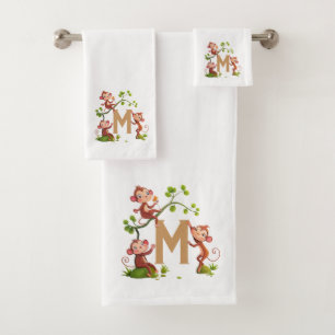 Süße drei Affen und goldenes Monogramm auf Weiß Badhandtuch Set
