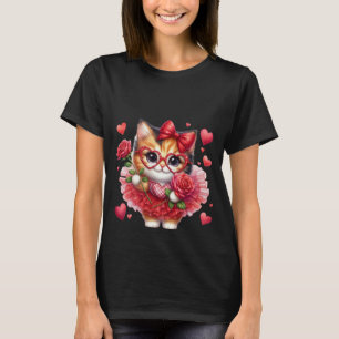 Süße Dreifarbenkatze Herzbrille & Rote Rose Kunst T-Shirt