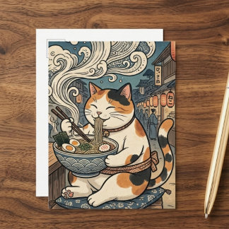 Süße dreifarbige Katze, die Ramen isst, japanische Postkarte