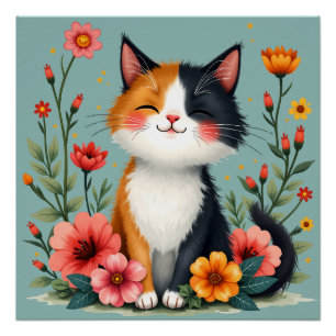 Süße dreifarbige Katze mit floralem Cottagecore-Äs Poster