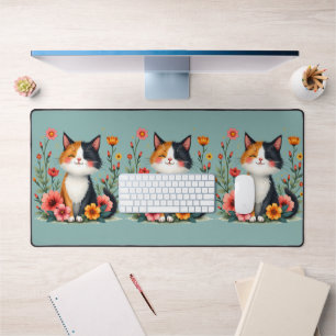Süße dreifarbige Katze mit floralem Cottagecore-Äs Schreibtischunterlage
