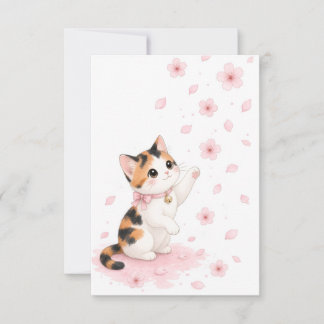 Süße dreifarbige Katze mit Kirschblütenblättern Dankeskarte