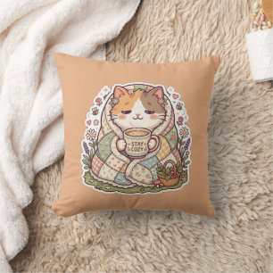 Süße dreifarbige Katze Stay Cozy Cottagecore-Wurfk Kissen