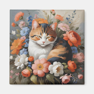 Süße dreifarbige Katze und Blumen Magnet