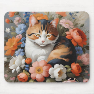Süße dreifarbige Katze und Blumen Mousepad