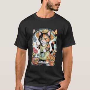 Süße dreifarbige Katzen-Gärtnerin mit Gießkanne un T-Shirt