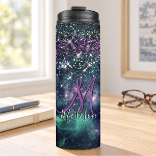 Süße dunkel violett-grüne falsche Glitter-Monogram Thermosbecher