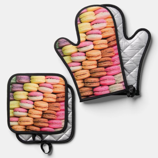Süße, eigenartige, farbenfrohe Macarons Ofenhandschuh & Topflappen-Set (Vorderseite/Rückseite)