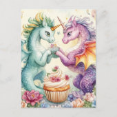Süße Einhorn-Drachen mit Cupcake und Blumen Postkarte (Vorderseite)