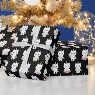 Süße Einhorn Katzen Schwarze Muster Geschenkpapier