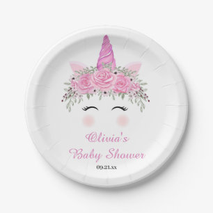 Süße Einhorn Mädchen Baby Shower mit rosa Namen Pappteller