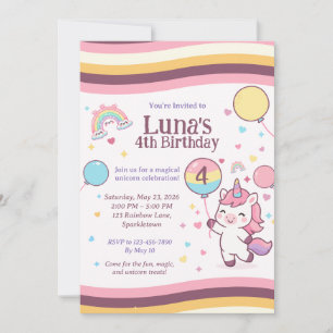 Süße Einhorn Regenbogen Mädchen 4. Geburtstagsfeie Einladung