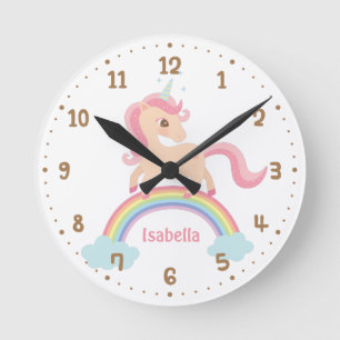 Süße Einhorn-Regenbogen Mädchenzimmer Dekoration W Runde Wanduhr