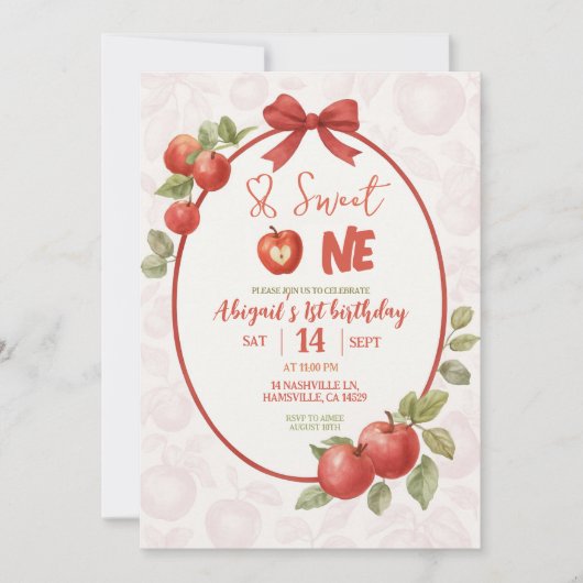Süße Einladung zum ersten Geburtstag mit rotem Apf (Vorderseite)