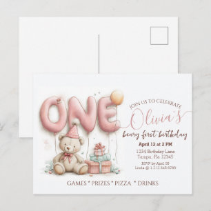 Süße Einladung zum ersten Geburtstag mit Teddybär Postkarte
