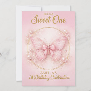 Süße Eins Rosa Schmetterling 1. Geburtstag Mädchen Einladung