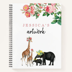 Süße Elefant-Giraffe-Baby-Mädchen-Kunstwerk-Skizze Notizblock