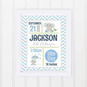 Süße Elefanten-Kinderzimmer-Babyjunge-Name-Geburts Poster