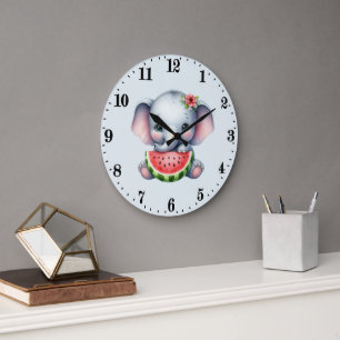 Süße Elefanten-Wassermelonen-Liebhaber Große Wanduhr