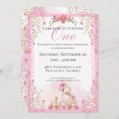 Süße Elegante Fairytale Schwäne Rosa Blume Geburts Einladung (Vorne/Hinten)