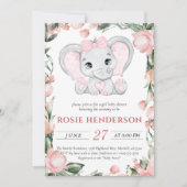 Süsse Elephant Blush Pink Bläserchen Girl Babydusc Einladung (Vorderseite)
