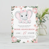 Süsse Elephant Blush Pink Bläserchen Girl Babydusc Einladung (Stehend Vorderseite)