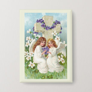 Süße Engel mit Kreuz und Blumen Button