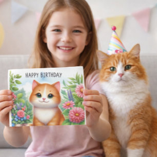 Süße Enkelkatze und Blumen Grußkarte Karte