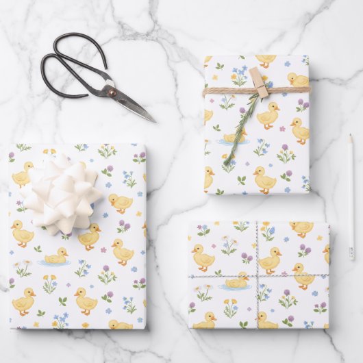 Süße Entenküken und Wildblumen Muster Geschenkpapier Set (Vorderseite)
