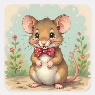 Süße entzückende kleine Maus mit Krawatte Quadratischer Aufkleber