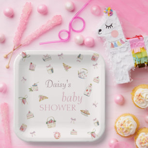 Süße Erdbeer-Dessert-Baby-Shower-Wasserfarbe Pappteller
