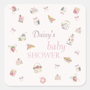 Süße Erdbeer-Dessert-Baby-Shower-Wasserfarbe Quadratischer Aufkleber