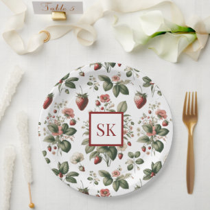 Süße Erdbeere & Florales Muster Custom Monogramm Pappteller