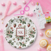 Süße Erdbeere & Florales Muster Custom Monogramm Pappteller (Party)